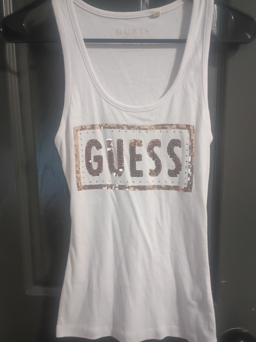 GUESS White Sequin Logo Tank Top